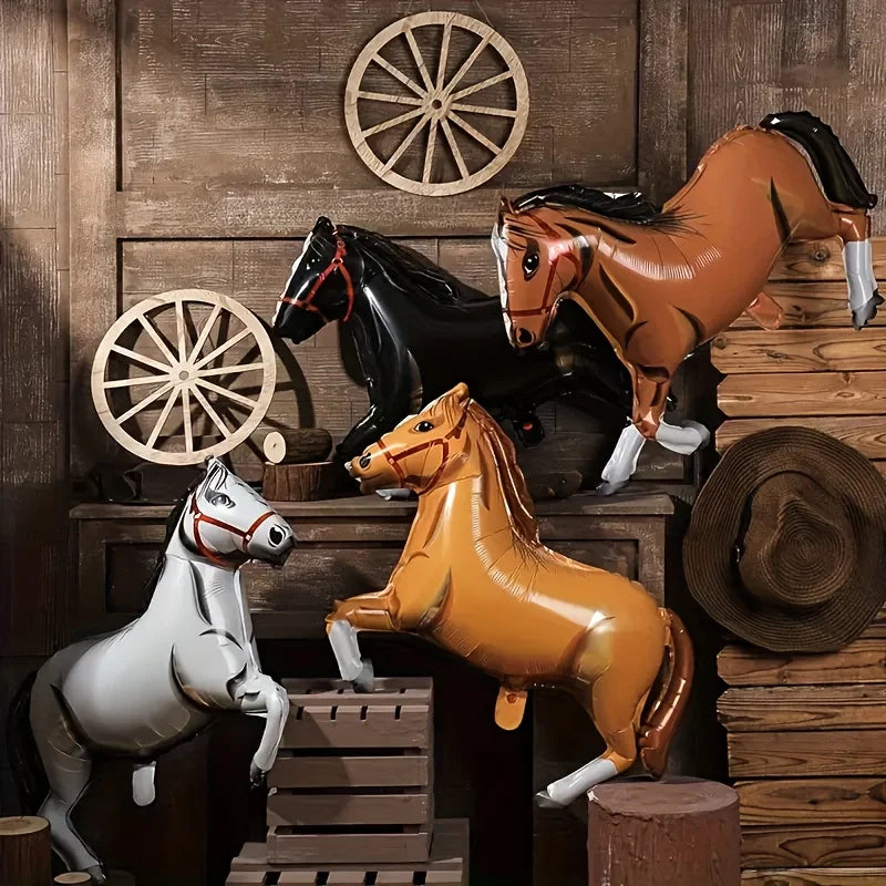 4 Western Cowboy Themed Party Balloons - Self-Sealing Aluminum Foil Horse Decorations, Brown and Black Horses with Gold Accents, Suitable for Birthdays, Father's Day, and Summer Celebrations
