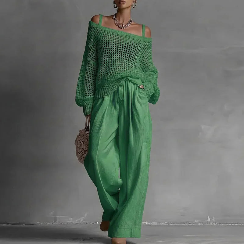 Off Shoulder Hollow Knit Womens 2 Piece Set Long Sleeve High Waist Wide Leg Pants Outfit Casual Loose Summer Beach Vacation Suit