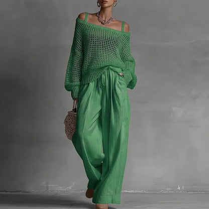 Off Shoulder Hollow Knit Womens 2 Piece Set Long Sleeve High Waist Wide Leg Pants Outfit Casual Loose Summer Beach Vacation Suit