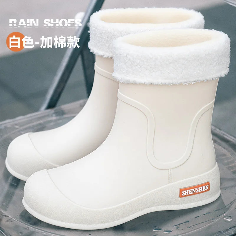 Fashionable women's rain boots for outdoor wear, mid-calf waterproof and anti-slip rubber shoes for kitchen work, water boots