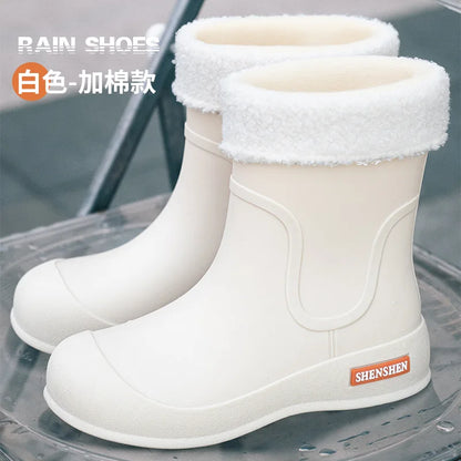 Fashionable women's rain boots for outdoor wear, mid-calf waterproof and anti-slip rubber shoes for kitchen work, water boots