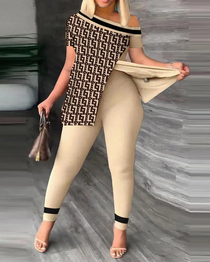 Womens Two Peice Sets Summer Fashion Print Short Sleeve Suit Set Femme Casual Sporty 2Pce One-Shoulder Split Hem Tops &Pants Set