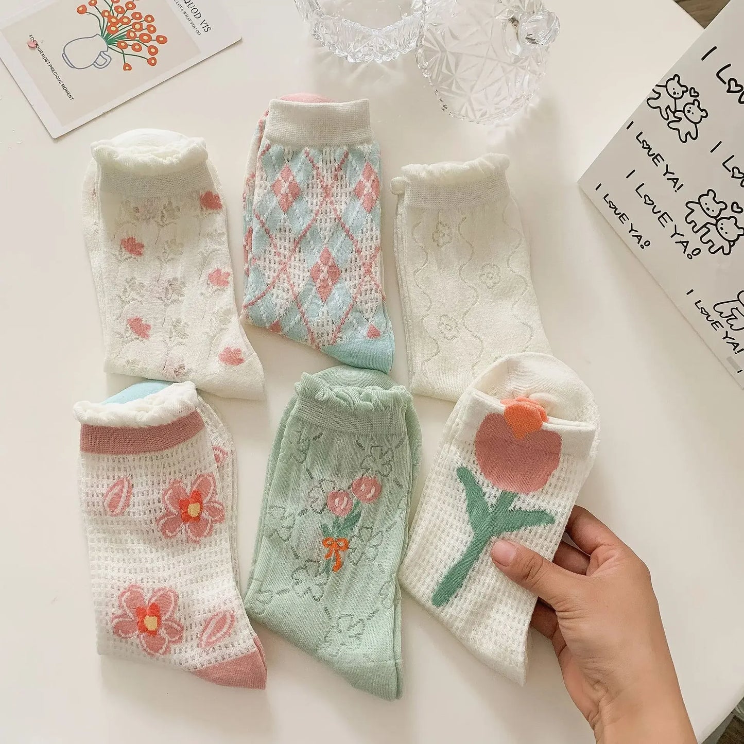 Transparent Crystal Silk Socks Women Fashion Ultra-thin Summer Harajuku Crew Socks Flower Streetwear Elastic Long Mesh Socks