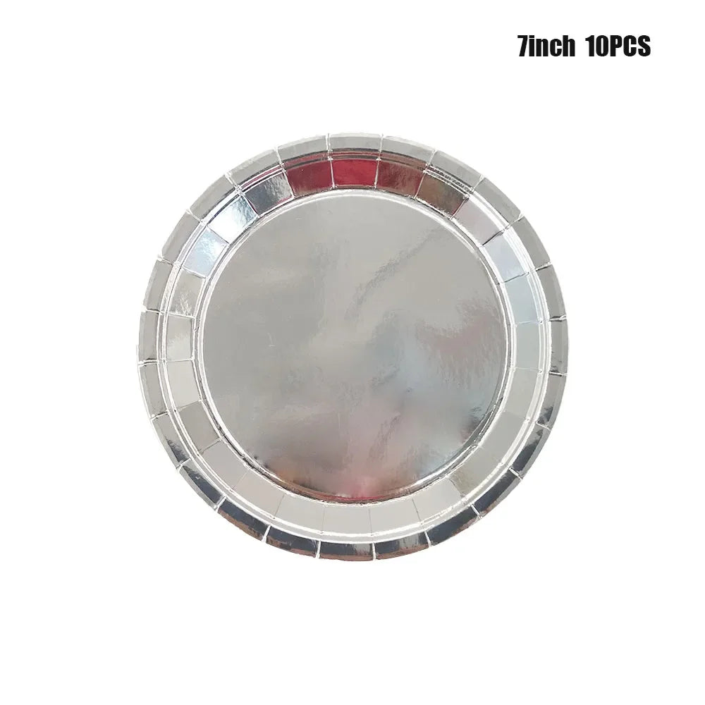 Shiny Silver Tableware Set Metallic Paper Plates Cups Holographic Tablecloth For Adult Birthday Wedding Party Decorations