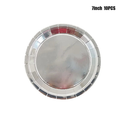 Shiny Silver Tableware Set Metallic Paper Plates Cups Holographic Tablecloth For Adult Birthday Wedding Party Decorations