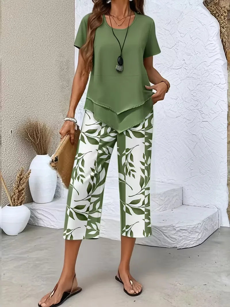 Lady Summer Casual Cropped Pants Two-piece Set Fashion Solid Color Top+printed Pants Suit Women's Irregular Hem Tops Outfit