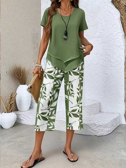 Lady Summer Casual Cropped Pants Two-piece Set Fashion Solid Color Top+printed Pants Suit Women's Irregular Hem Tops Outfit