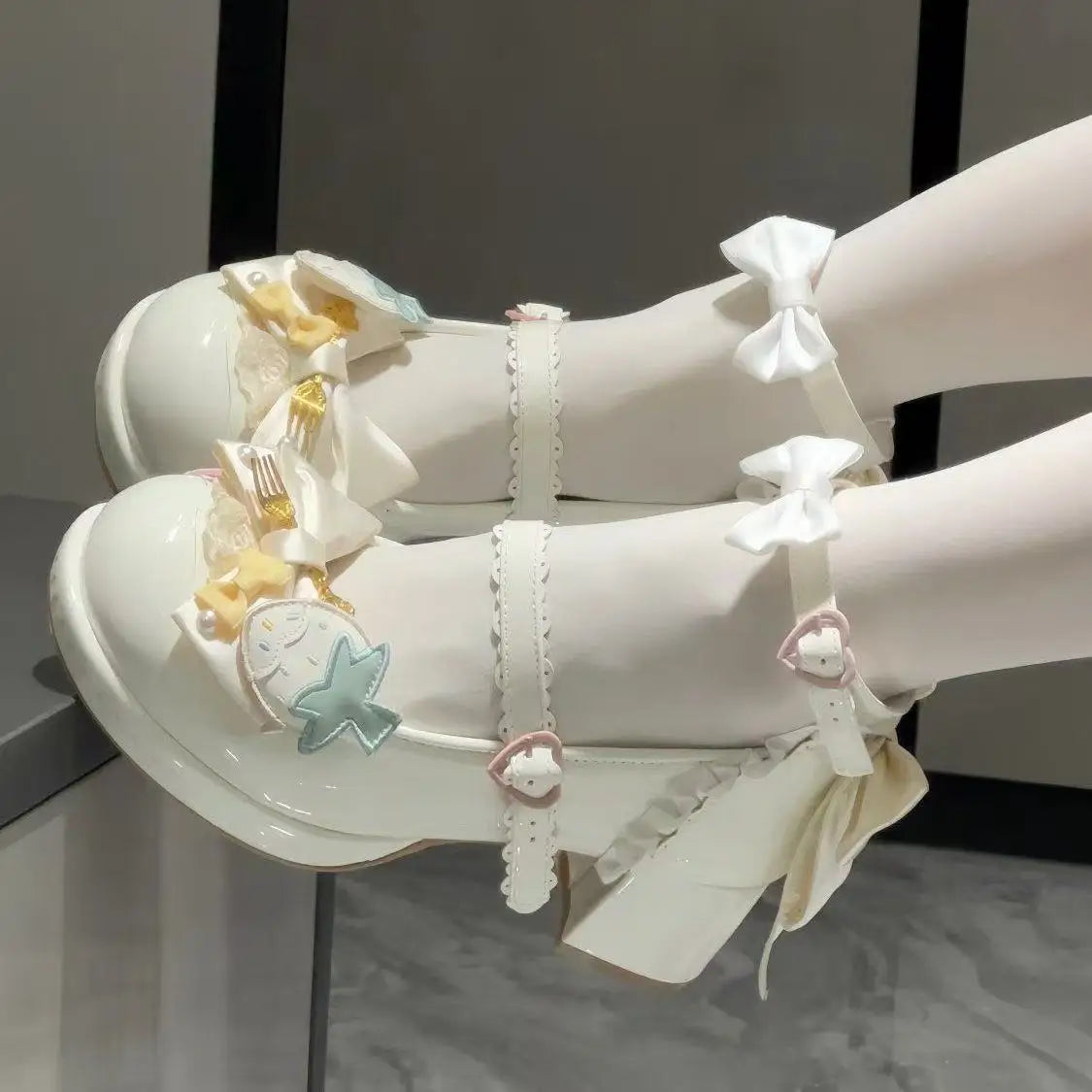 Lovely Girls Pink Lolita Butterfly Knot High Heels Platform Shoes for Women Cute Sakura Dress Mary Janes Beige Size 34-42