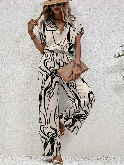 Women's 2026 Fashionable Printed Short Sleeve Shirt And Elastic Waist Wide Leg Pants Suit Set Casual Daily Commuting Spring Wear