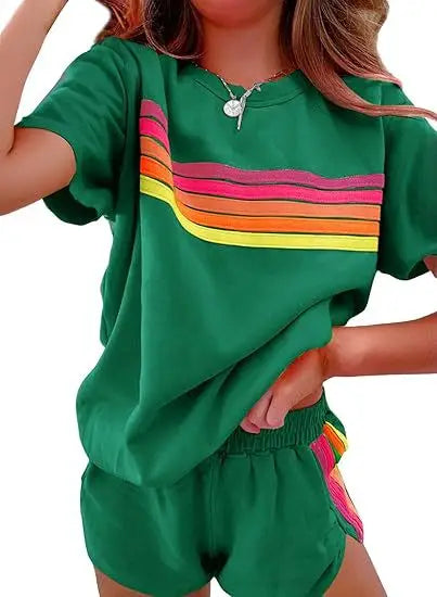 Women Casual Sports Outfits Summer Outdoor Comfortable Cool Shorts Tracksuit 2pcs Set Urban Fashion Stripe Top Suit Streetwear