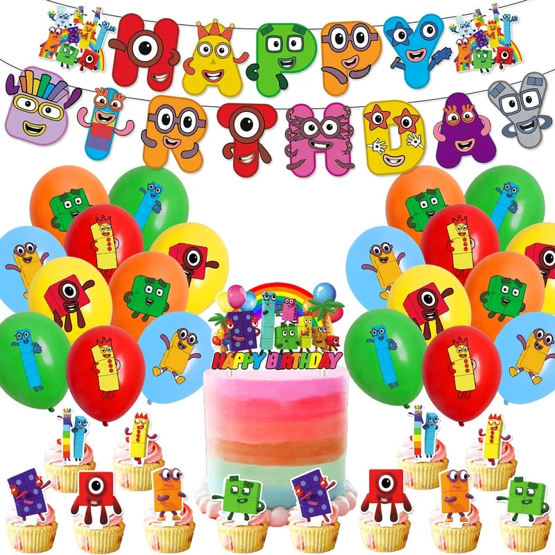 New 1Set Numberblocked Party Supplies TV Show Number Latex Balloons Toy Decor Happy Birthday Banner Bunting Cake Topper Balloon
