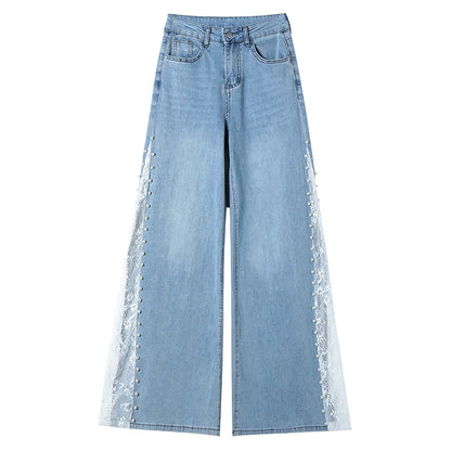 High Waist Women Jeans New Summer Thin Fashion Loose Hollow Out Wide Leg Pearl Lace Rayon Denim Pants