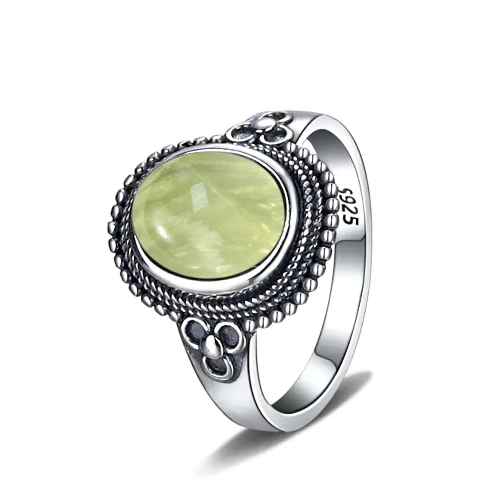 925 Sterling Silver Ring With Natural Prehnite Stone 8*10mm Oval Shape With Crystal Flower Design Gifts Fine Jewelry For Women