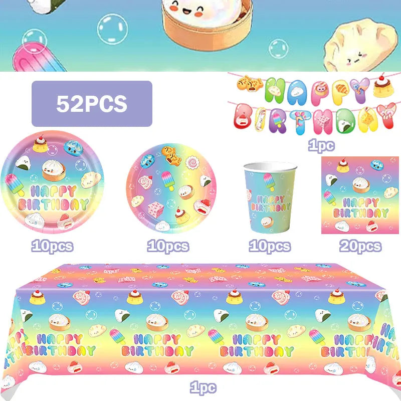 Squishy Bao Bun Themed Birthday Party Decorations Set Tableware Paper Plates Cups Cute Squishy Gift Bags Balloon Banner Supplies