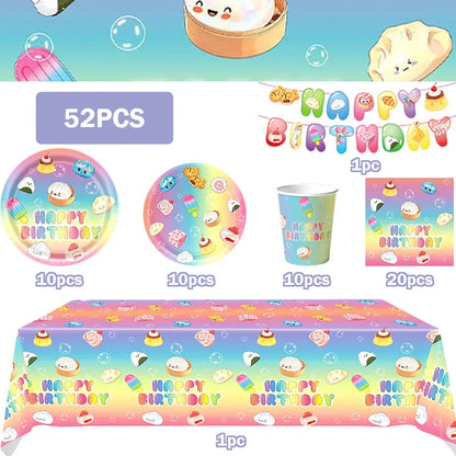 Squishy Bao Bun Themed Birthday Party Decorations Set Tableware Paper Plates Cups Cute Squishy Gift Bags Balloon Banner Supplies