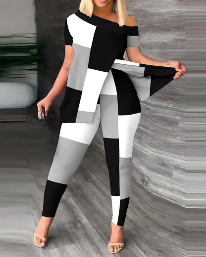 Two Piece Sets Women Outifits 2023 Spring Fashion Geometric Print Slant Neck Short Sleeve Hem Slit Top & Casual Skinny Pants Set
