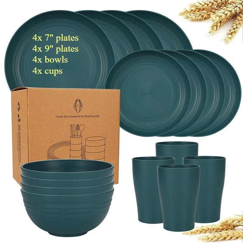 Natural Wheat Straw Tableware Set Dinnerware Sets Biodegradable Unbreakable Plates, Bowls, Cups Lightweight for Kitchen Camping