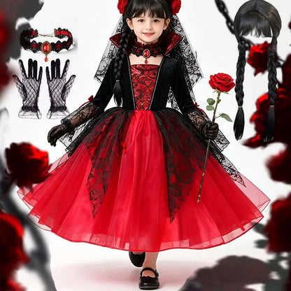 Kids Girls Cosplay Gothic Dark Ghost Bride Witch Vampire Halloween Costume Red Black Tutu Dress Wig Veil Kits Trick or Treat