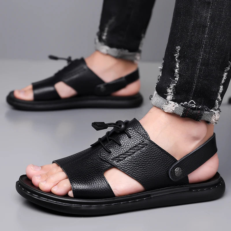 Men's Summer Fashionable Leather Sandals Comfortable Anti-slip Slip-On Male Shoes Leather Slippers for Casual Wear-2118