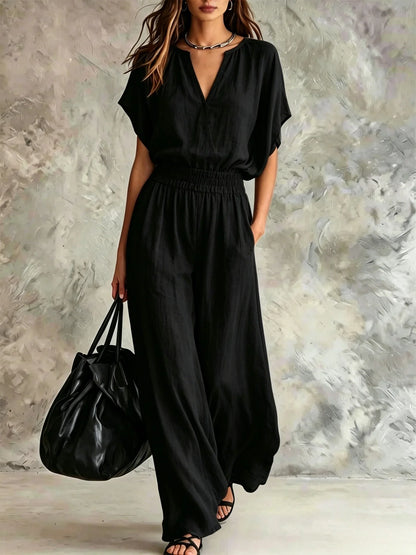 Women Casual Cotton Linen 2 Piece Outfit Summer Loose V Neck Short Sleeve Top Elastic High Waist Wide Leg Pants Set With Pockets