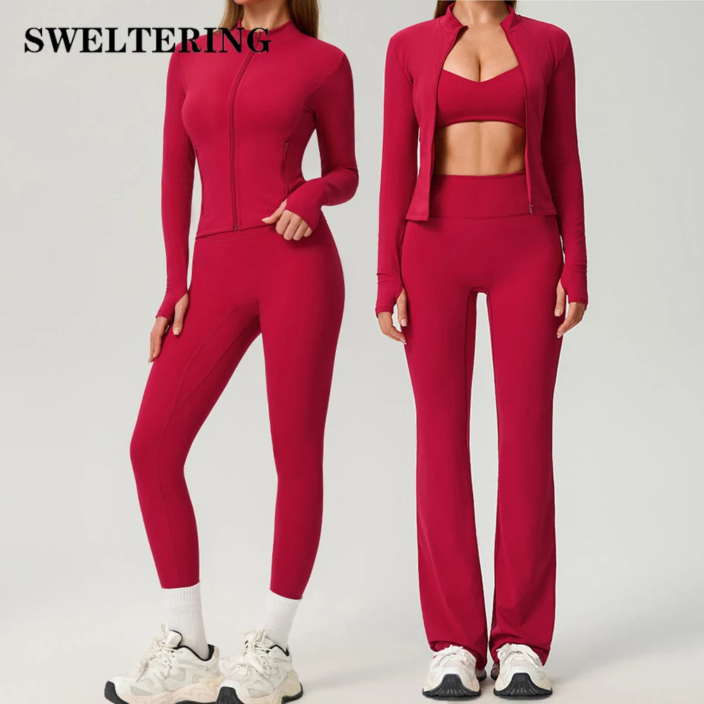 Fitness Suit 2PCS Women Tracksuit Sports Zipper Long Sleeve Yoga Set Gym Clothes Flared Pants Sportswear Female Workout Clothes