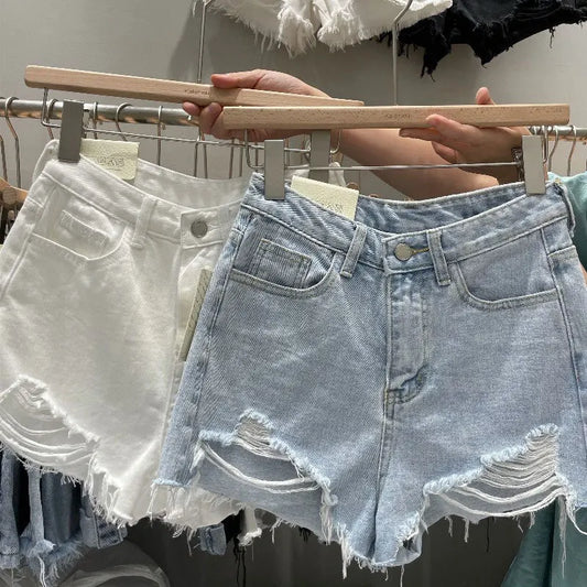 Trendy Women's Ripped Loose Fit High Waist Cotton Stretch Denim Shorts Frayed Hem A-Line Style Korean Version Summer Hot Pants