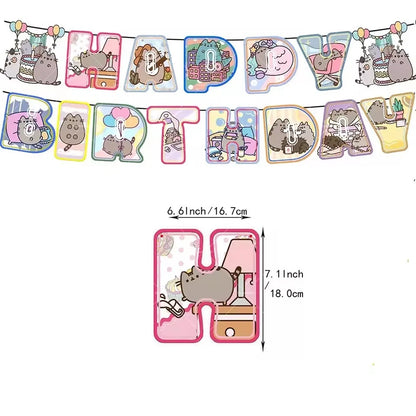 Pusheen Balloons Cartoon Cat Birthday Banner Decoration Party Supplies Backdrop Cake Topper Gift Bag Sticker Spiral Plush Doll