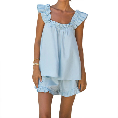 Womens Summer Solid Color 2 Pieces Set Ruffle Sleeveless Sling Square Collar Vest Shorts Tank Top Outfits Lounge Matching Sets