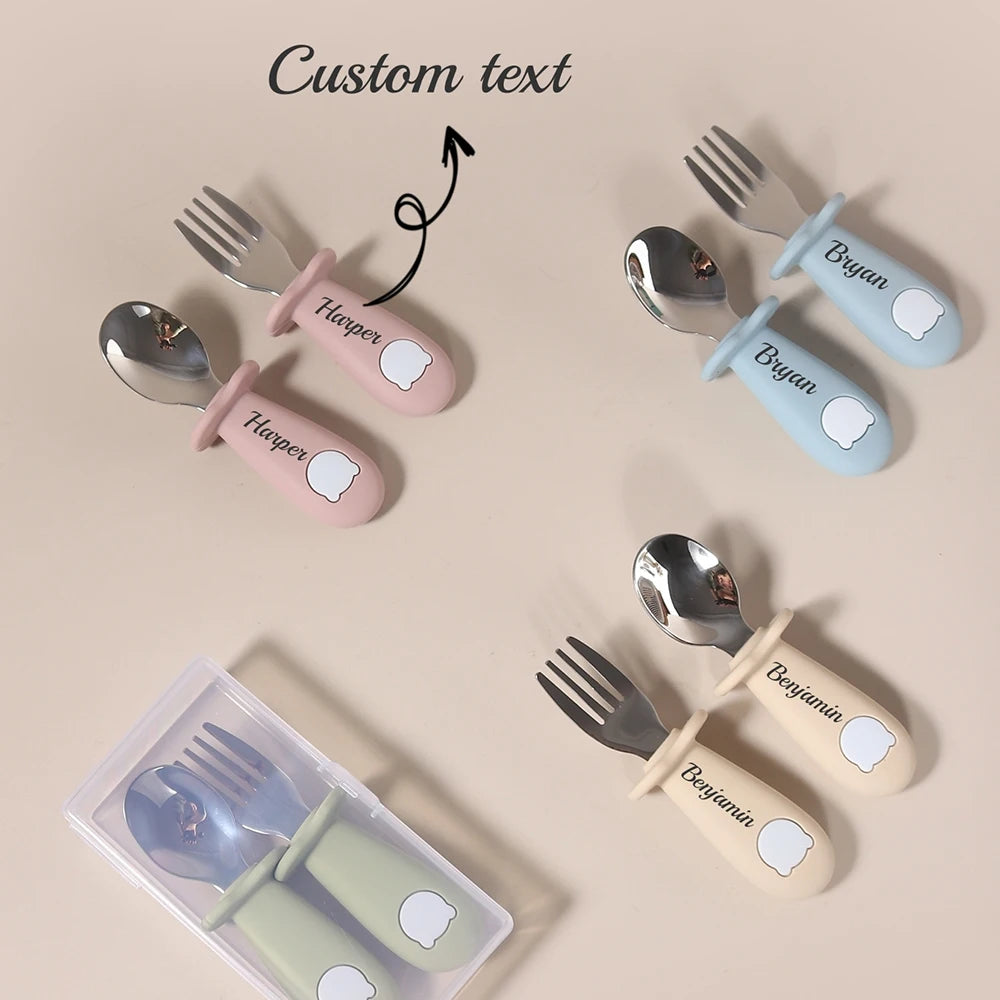 Custom Name Baby Panda Spoon Fork Set | First Self Feeding Utensils for Toddlers Stainless Steel Weaning Set with Travel Case