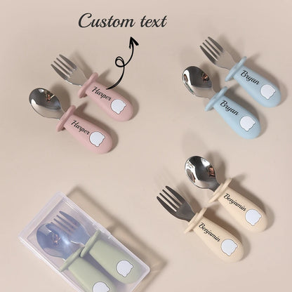 Custom Name Baby Panda Spoon Fork Set | First Self Feeding Utensils for Toddlers Stainless Steel Weaning Set with Travel Case