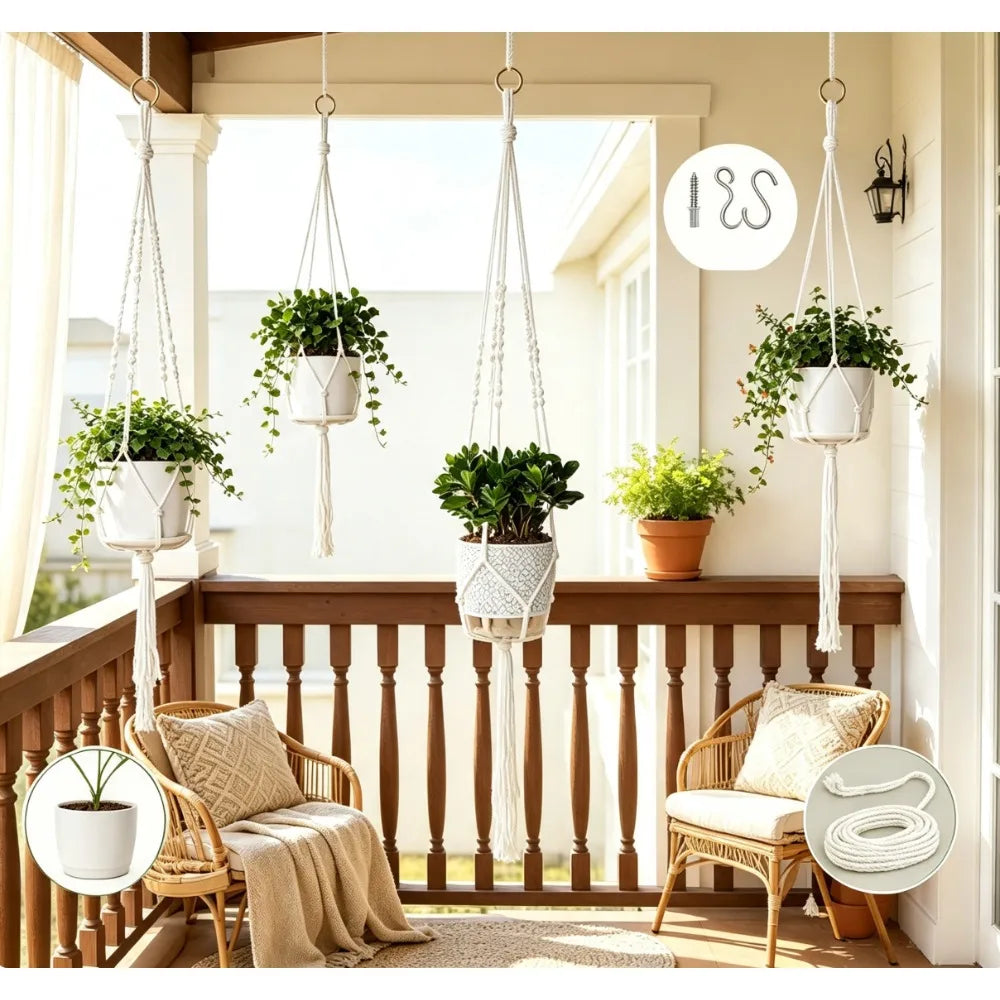3‑Pack Macrame Plant Hangers, Bohemian Cotton Hanging Plant Holders with Complete Mounting Hardware for Indoor Outdoor Decor