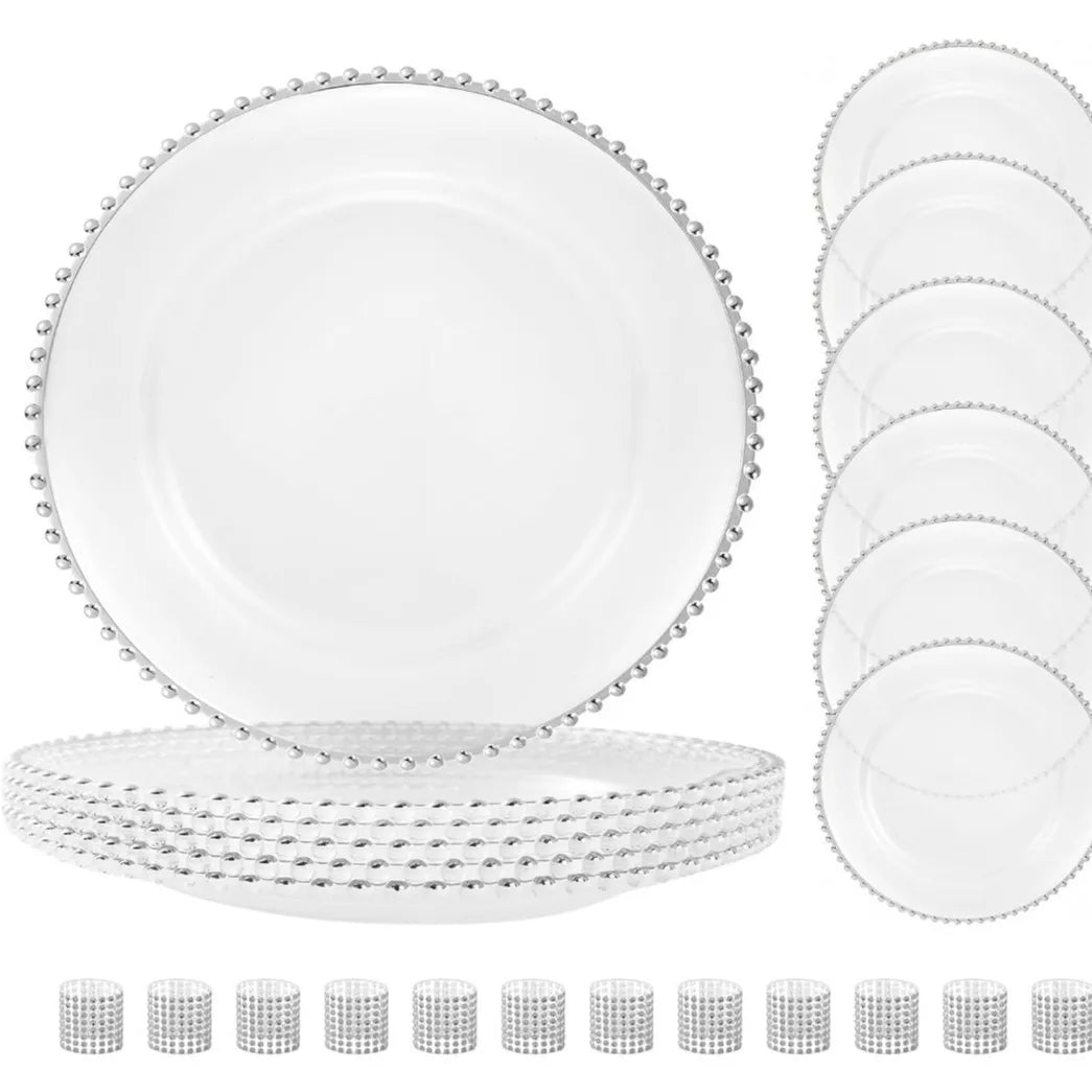 13 Inch Gold Beaded Clear Charger Plates Luxury Set for Wedding Table Dinner Birthday Party Reception Banquet Holiday Home Decor