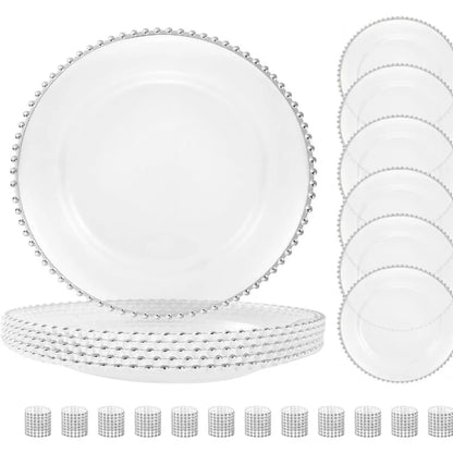 13 Inch Gold Beaded Clear Charger Plates Luxury Set for Wedding Table Dinner Birthday Party Reception Banquet Holiday Home Decor