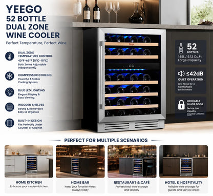 Yeego 52 Bottle Dual Zone Wine Cooler Refrigerator Built In Under Counter Wine Fridge with Compressor Cooling, Adjustable Temperature 40-65°F, Lockable Glass Door LED Light, ETL DOE Certified for Home Kitchen Bar