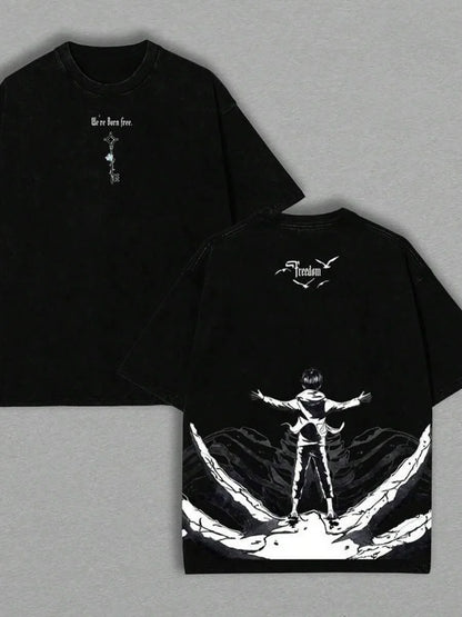 Eren Jaeger Freedom Graphic Tee Attack On Titan Manga Clothing Men Women Cotton T-shirts Retro Washed Tshirt Harajuku T Shirt
