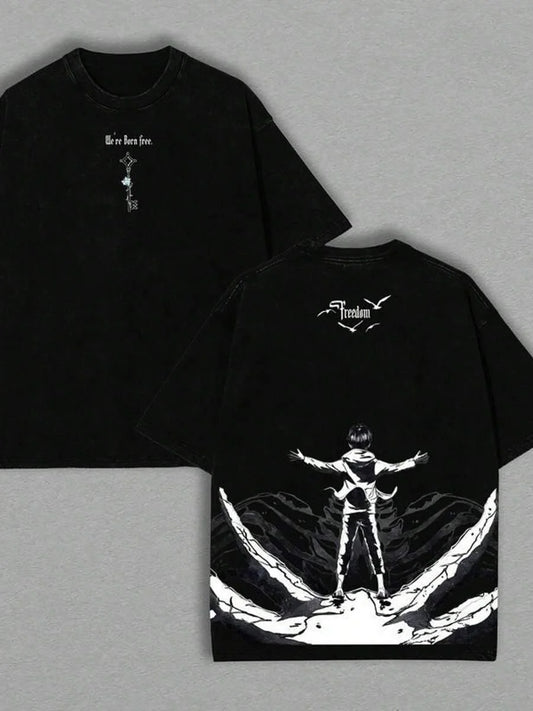Eren Jaeger Freedom Graphic Tee Attack On Titan Manga Clothing Men Women Cotton T-shirts Retro Washed Tshirt Harajuku T Shirt
