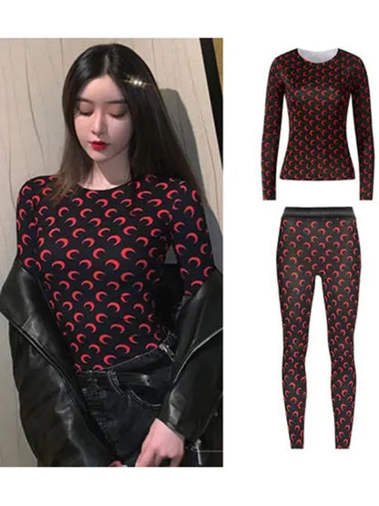 Sweet Two Piece Set Women American Retro Layered Outfit Long Sleeve Moon Print Top Ice Silk Pants Sexy Casual Autumn Fashion