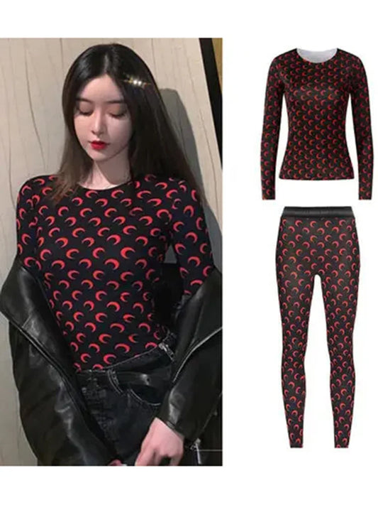 Sweet Two Piece Set Women American Retro Layered Outfit Long Sleeve Moon Print Top Ice Silk Pants Sexy Casual Autumn Fashion