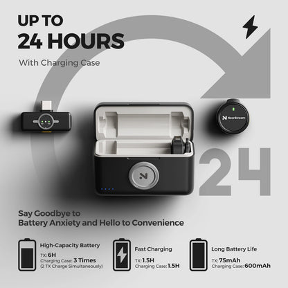 NearStream AWM25T 1-to-2 Magnetic Wireless Lavalier Microphone, ENC Noise Canceling, 65Ft Low Latency, 24H Battery Charging Case, One-Tap Mute, Plug & Play Mic for iPhone Android Laptop PC