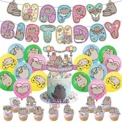 Pusheen Balloons Cartoon Cat Birthday Banner Decoration Party Supplies Backdrop Cake Topper Gift Bag Sticker Spiral Plush Doll