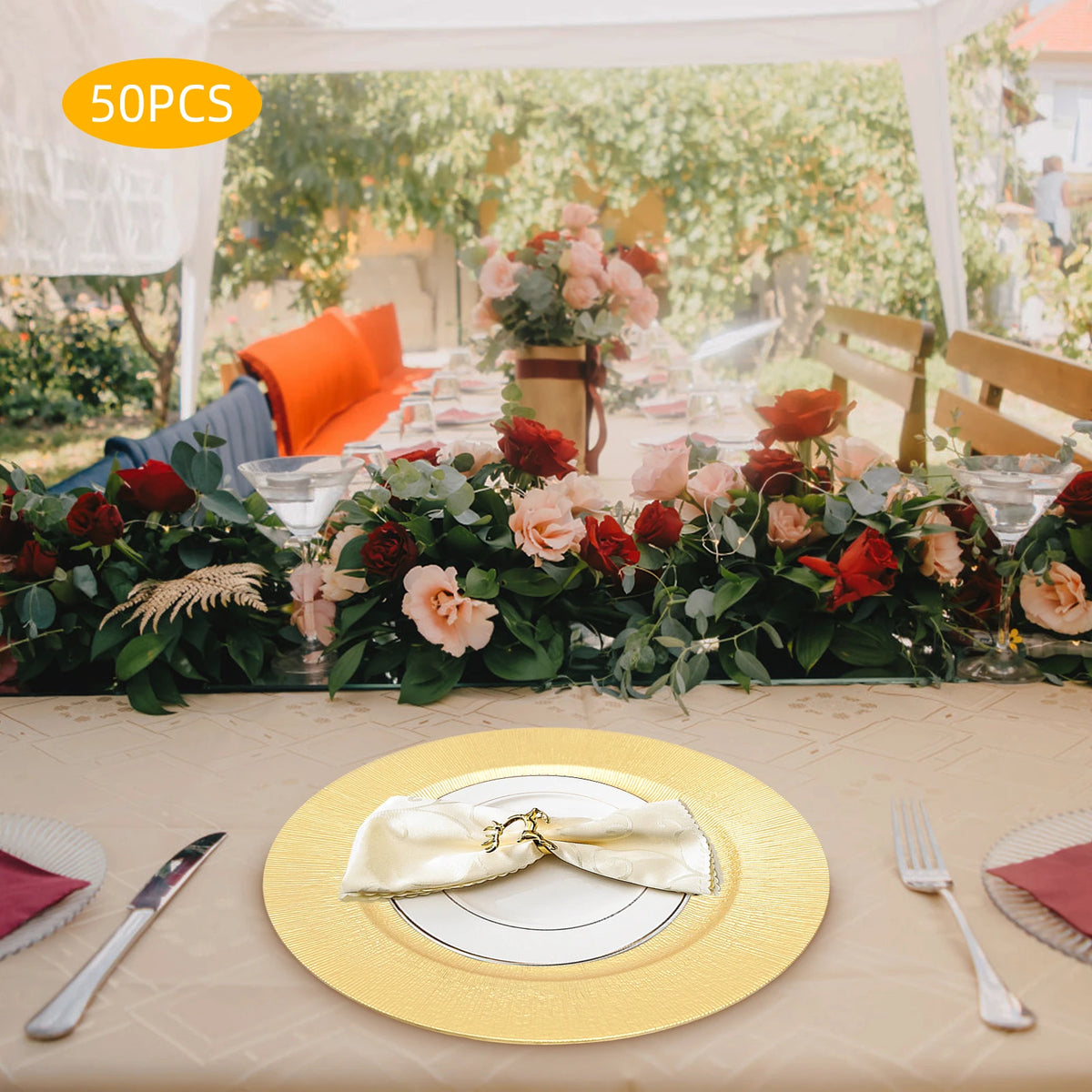 50-Pack Gold Charger Plates – Pp – 12.99" – Spray Painted – Stackable – for Wedding Party Banquet Table Decor – 17.64 Lbs