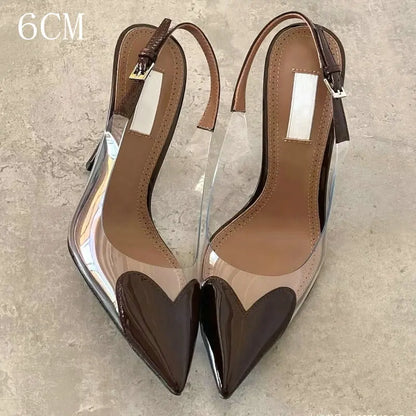 Women's Heart Clear Heeled Sandals Pointed Toe Transparent Slingback Heels Buckle Strap Patent Leather Party Prom Dress Shoes