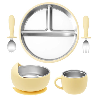 Color Kids 5PCS Baby Feeding Set Stainless Steel Silicone Tableware Sucker Dishes Plate Bowl Training Fork Spoon Infant Cup