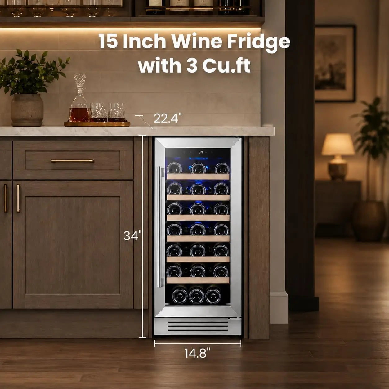 28-Bottle 24-Inch, 52-Bottle 24-Inch Wine Fridge Built-In Single-Zone Cooler | 41-64°F Digital Control, Compressor Cooling, Double-Pane Glass Door, LED Lighting, Lockable Door, Built-In or Freestanding