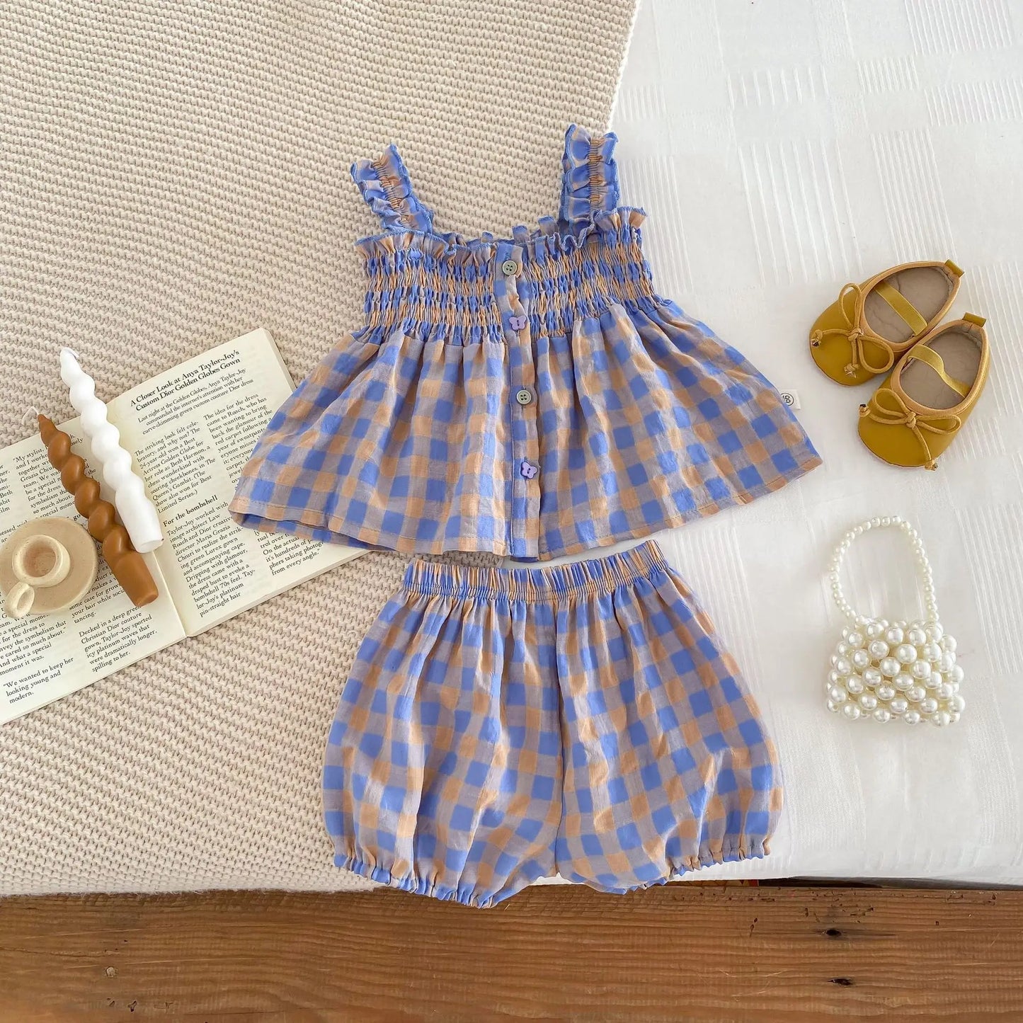 Korean Style Baby Girl Set Suspender Shirts with Shorts Purple Plaid Two Piece Suit Girls Summer Beach Casual Clothes