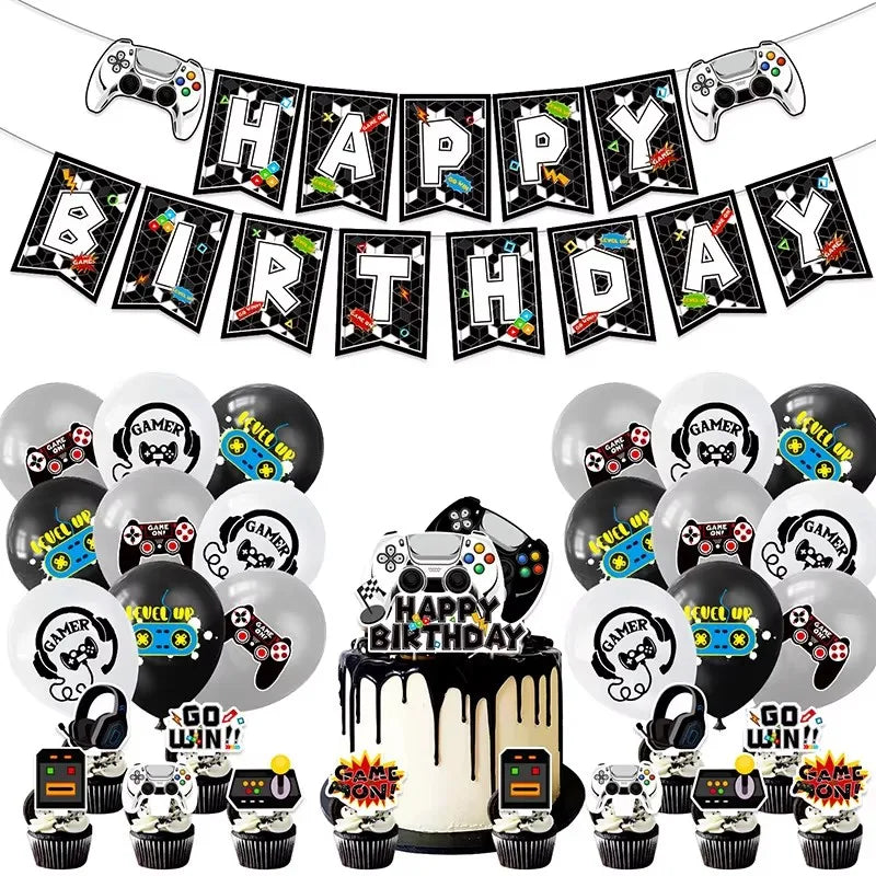 Gamepad Boy Birthday Party Decorations Paper Cup Plate Napkin Tablecloth Banner Caketopper Balloons For Baby Shower Supplies
