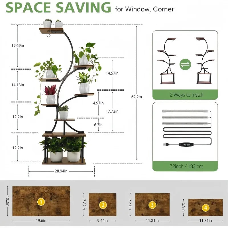 8-Tier Indoor Plant Stand with Grow Lights Multi-Functional Flower Rack for Multiple Plants 2-Tier Metal Stand Irregular Design for Patio Living Room Study Bedroom Gift for Plant Lovers