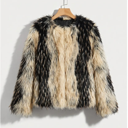 Women Black & Beige Two-Tone Fur Fluffy Cropped Jacket, Open Front Collarless Side Pockets, Winter Warm Casual Street Outerwear