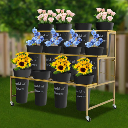 3-Layer Metal Flower Display Stand with 12 Round Buckets, Heavy Duty Rolling Plant Cart with Lockable Wheels, 110lbs Load Bearing Movable Plant Shelf for Indoor Living Room Balcony Florist