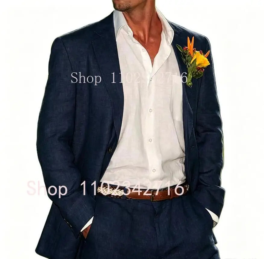 Beige Linen Men Suits 2 Pieces Beach Wedding American Style Jacket with Pants Formal Groom Tuxedos Male Suits (Blazer+Pants)